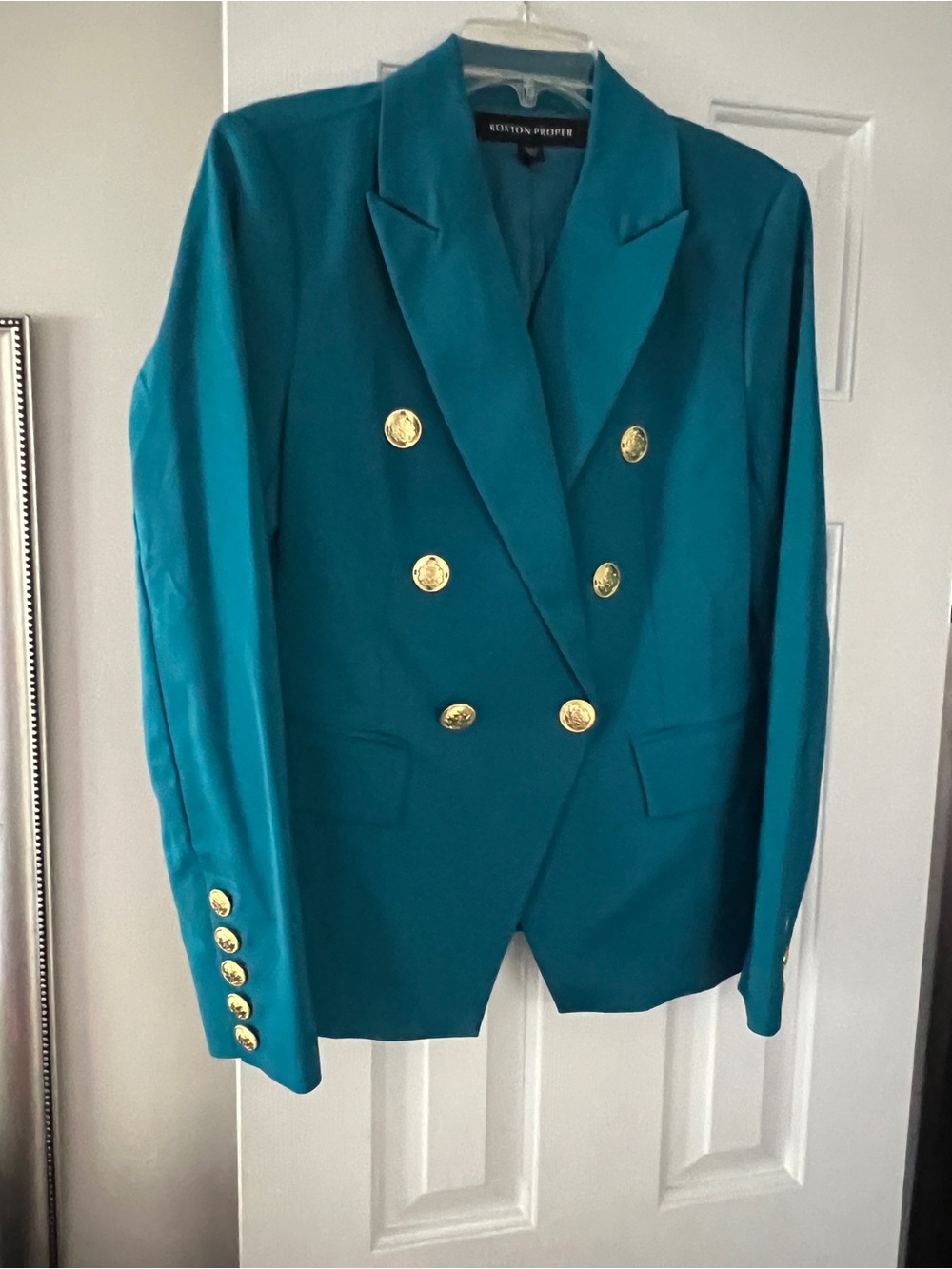 Boston Proper Teal Double-Breasted Blazer with Gold Buttons